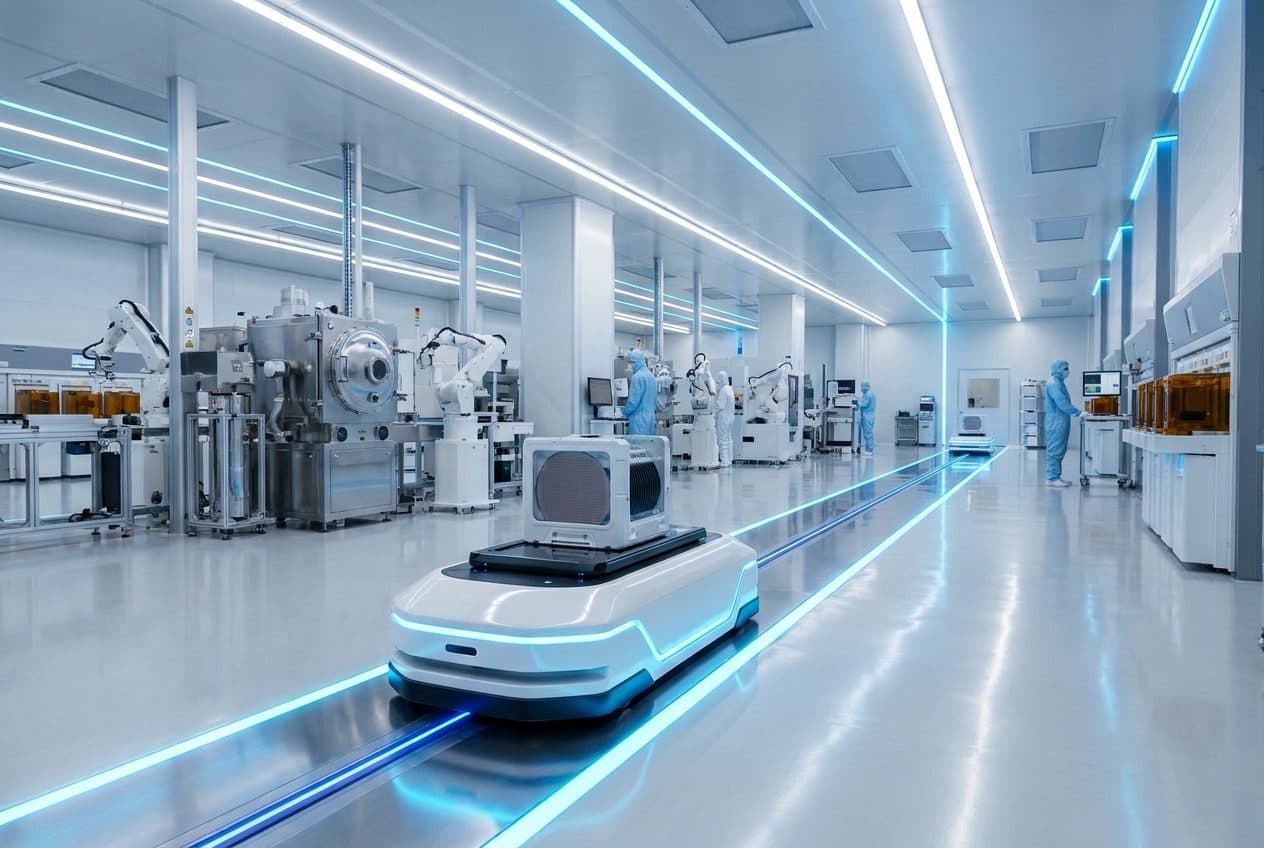 Automated guided vehicle moving material through a sterile facility