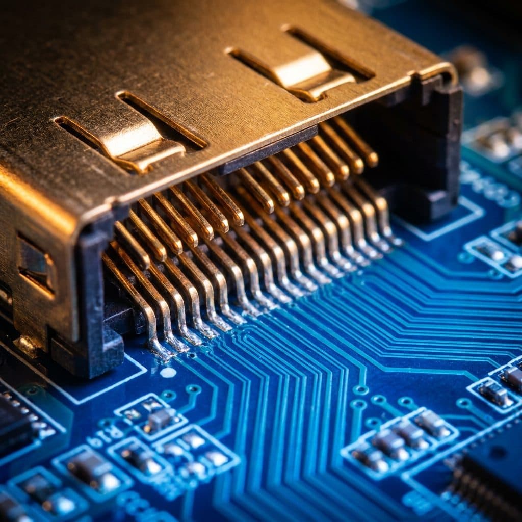 Gold-plated connector soldered to a high-speed circuit board