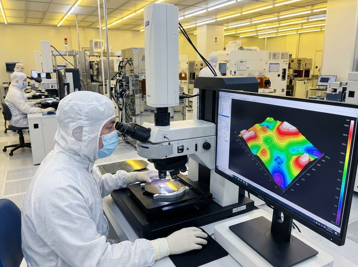 Engineer inspecting a silicon wafer under a metrology microscope