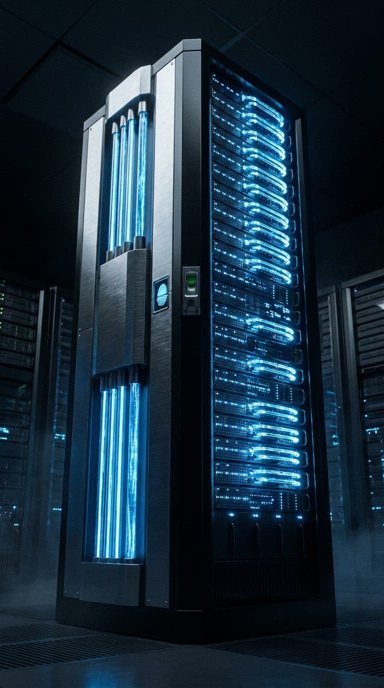 Server rack with glowing blue status indicators in a data hall