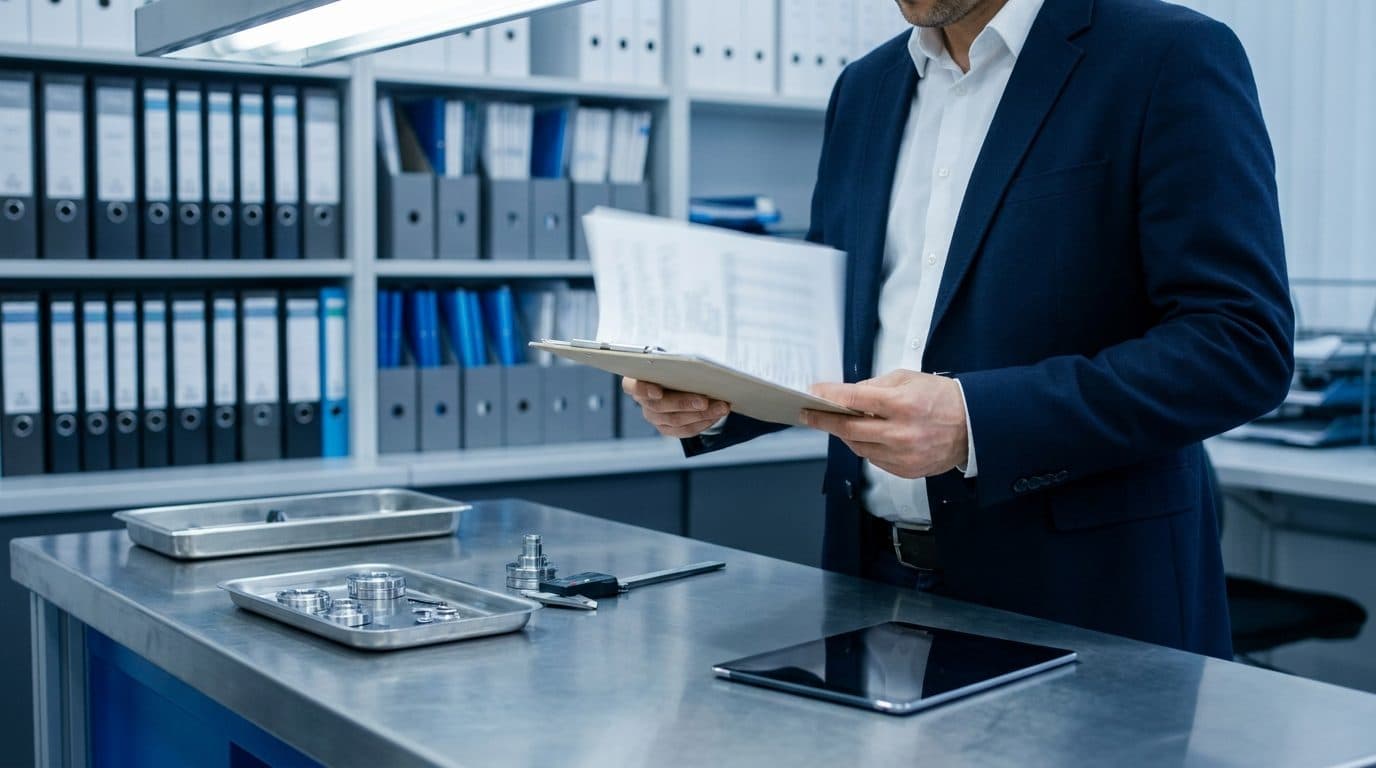 Auditor reviewing conformance documentation beside a component inspection bench